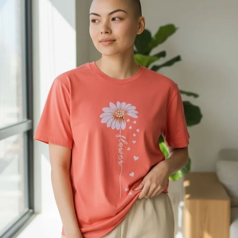 Vibrant Coral Short Sleeve Tee with Floral Design - Picture 5 of 9